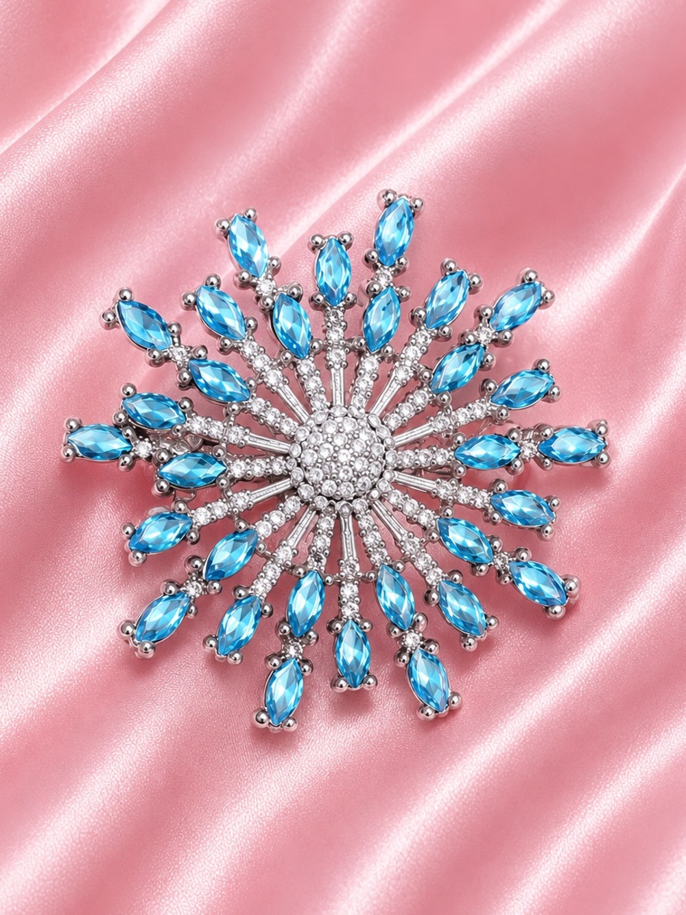 Silver Blue Crystal Starburst Brooch